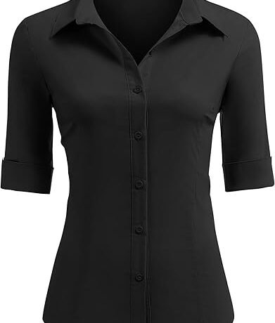 Lylatul Black Womens Slim Fit Button Down Shirt 3 4 Sleeve Stretch Dress Shirt
