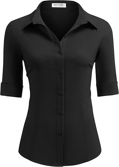 Lylatul Black Womens Slim Fit Button Down Shirt 3 4 Sleeve Stretch Dress Shirt