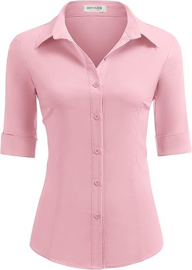 Lylatul Pink Womens Slim Fit Button Down Shirt 3 4 Sleeve Stretch Dress Shirt