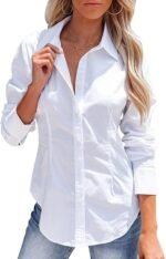 Lylatul White Womens Button Down Shirt Long Sleeve Wrinkle Free Dress Shirt