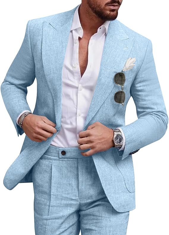 Lylatul Ice Blue Linen Mens 2 Piece Suit Casual Elegance for Every Occasion