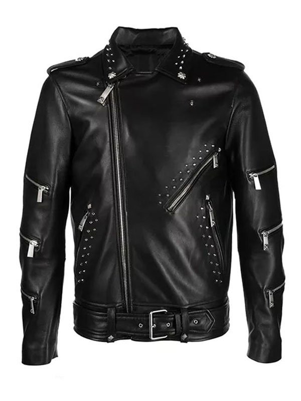 Lylatul Mens Biker Black Studded Leather Jacket