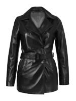 Lylatul Carissa Womens Belted 3/4 Black Leather Coat