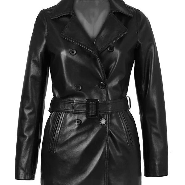Lylatul Carissa Womens Belted 3/4 Black Leather Coat
