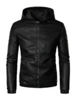 Lylatul Mens Motor Biker Hooded Black Leather Jacket