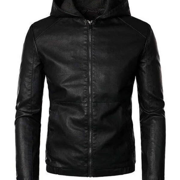Lylatul Mens Motor Biker Hooded Black Leather Jacket