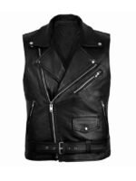 Lylatul Mens Biker Cross Zipper Belted Black Leather Vest