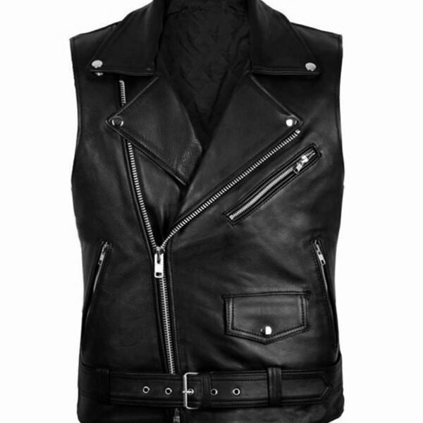 Lylatul Mens Biker Cross Zipper Belted Black Leather Vest