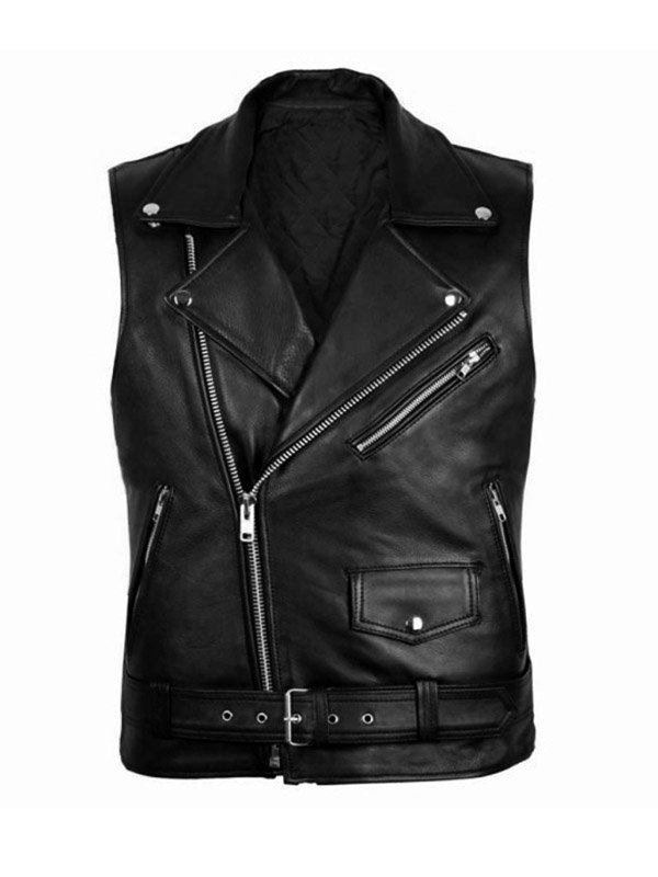 Lylatul Mens Biker Cross Zipper Belted Black Leather Vest