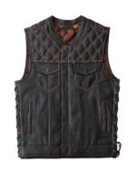 Lylatul Mens Diamond Quilted Stitch Design Black Leather Vest