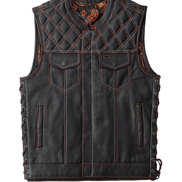 Lylatul Mens Diamond Quilted Stitch Design Black Leather Vest