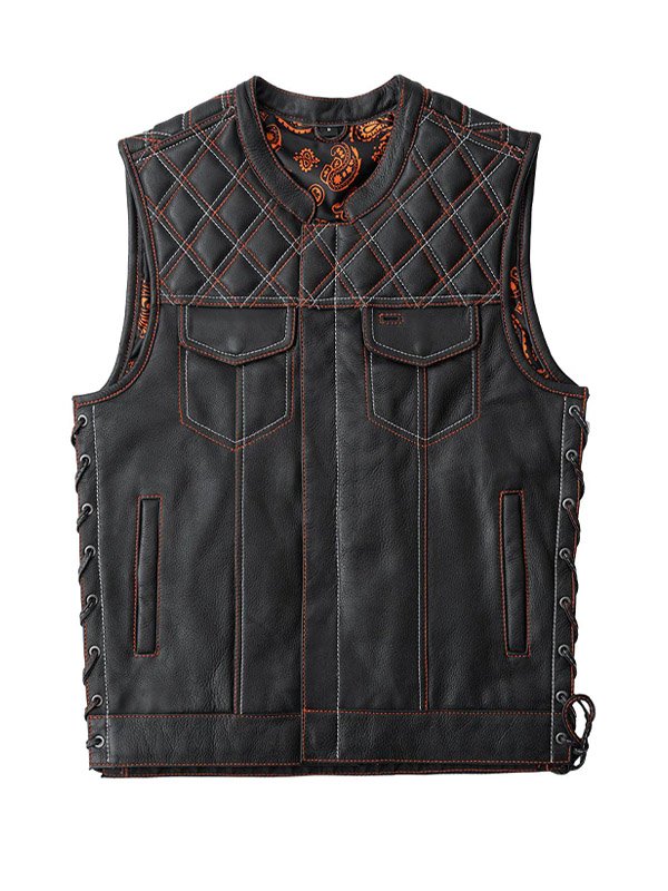 Lylatul Mens Diamond Quilted Stitch Design Black Leather Vest