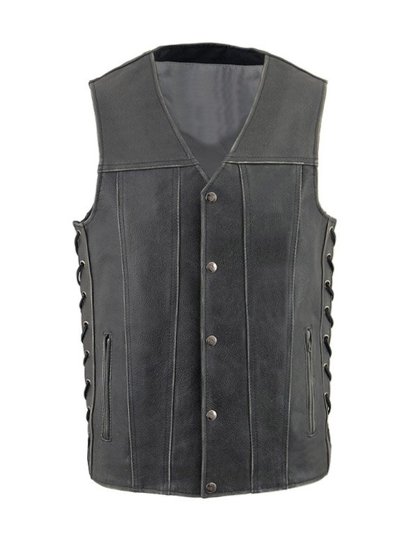 Lylatul Mens Distressed Grey Biker Sheepskin Leather Vest
