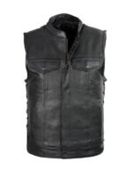 Lylatul Mens Side Lace Biker Flap Pocket Leather Vest
