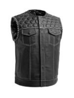 Lylatul Mens White Stitch Quilted Biker Black Leather Vest