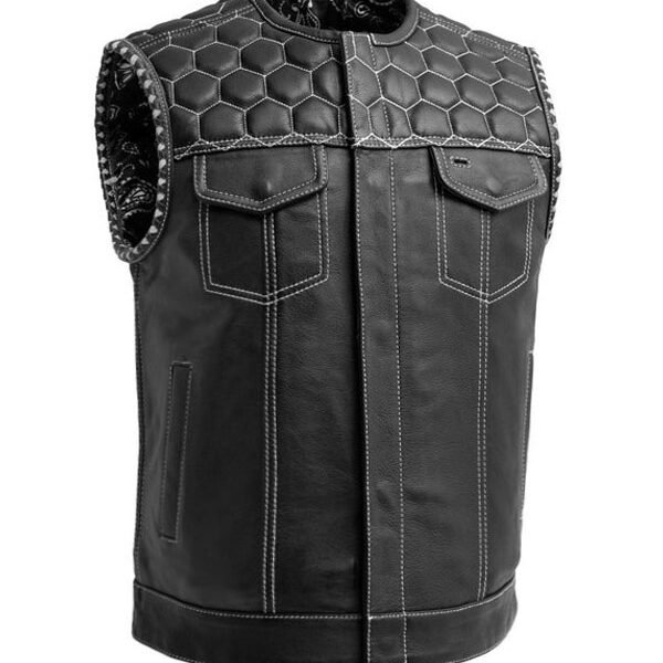 Lylatul Mens White Stitch Quilted Biker Black Leather Vest