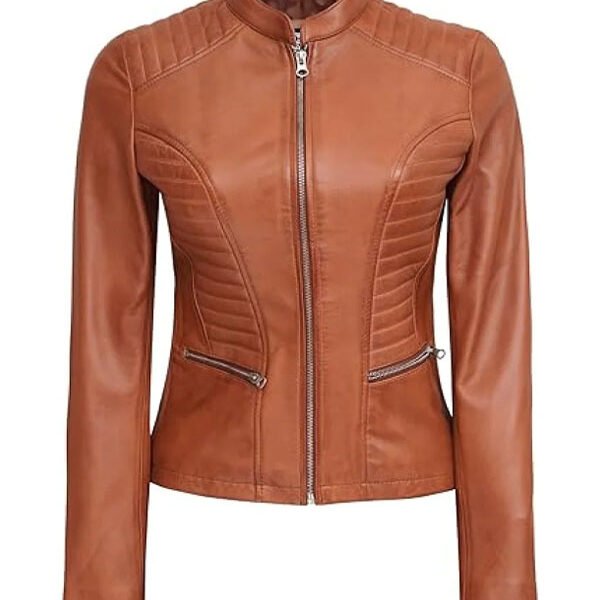 Lylatul Women Slimfit Biker Tan Leather Jacket