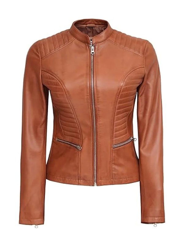 Lylatul Women Slimfit Biker Tan Leather Jacket