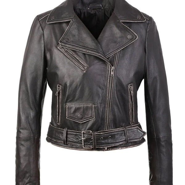 Lylatul Women Distressed Short Body Biker Leather Jacket