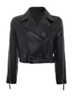 Lylatul Women Short Body Belted Style Black Leather Jacket