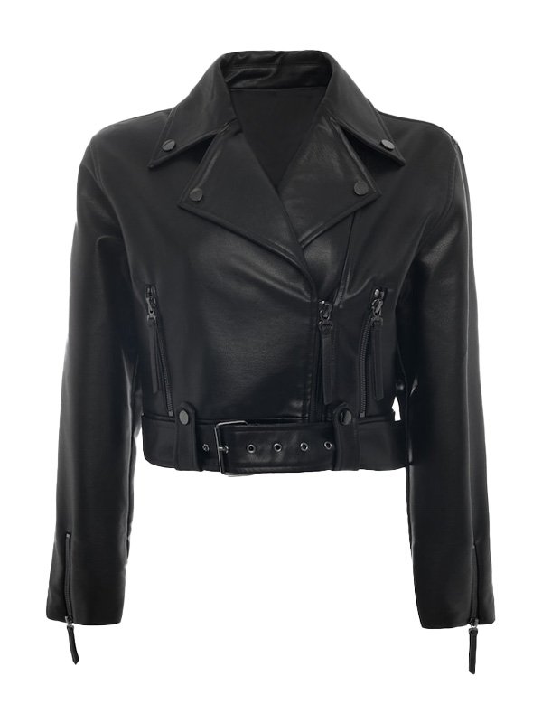 Lylatul Women Short Body Belted Style Black Leather Jacket