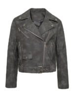 Lylatul Women Textured Style Distressed Grey Leather Jacket