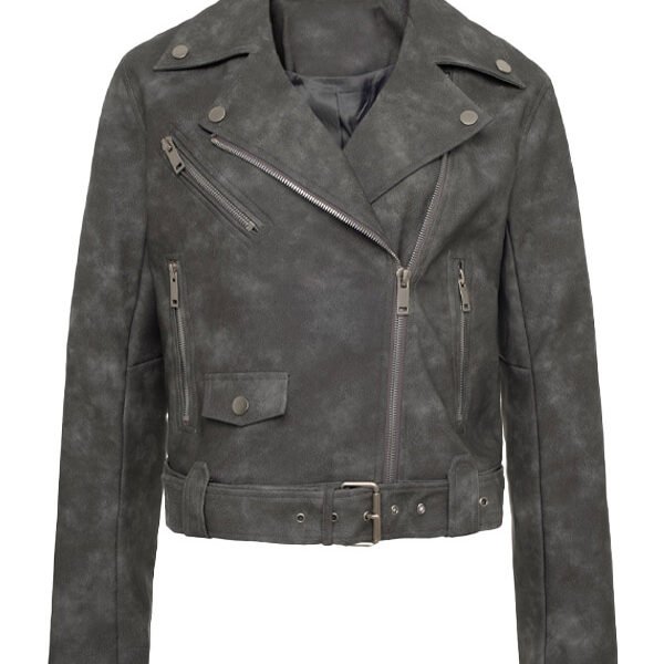 Lylatul Women Textured Style Distressed Grey Leather Jacket