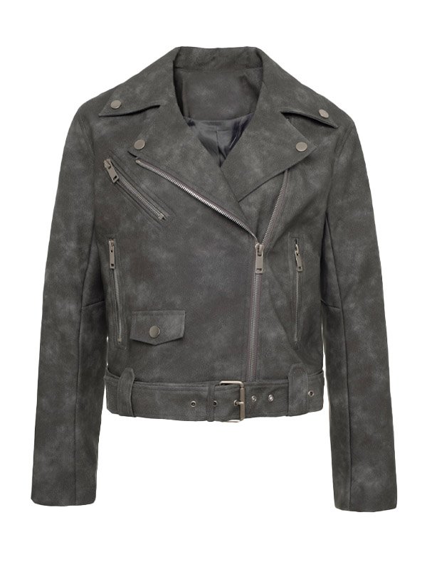 Lylatul Women Textured Style Distressed Grey Leather Jacket
