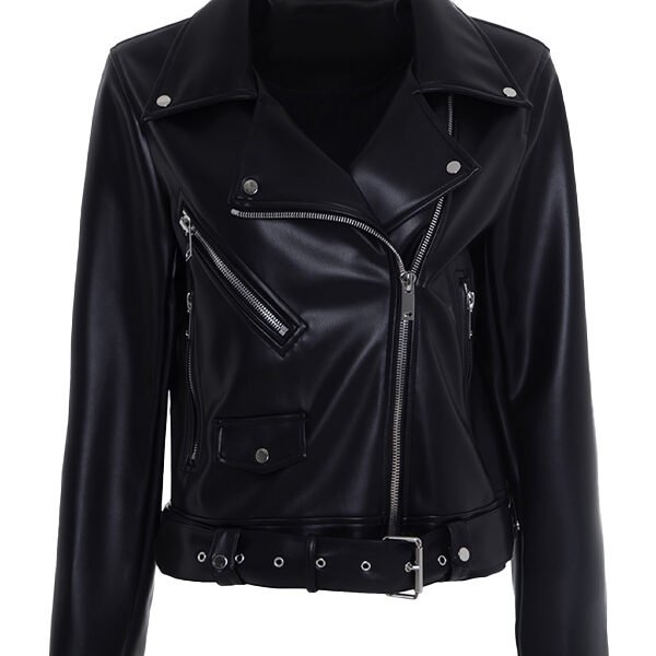 Lylatul Women Zipper Belted Style Black Leather Jacket