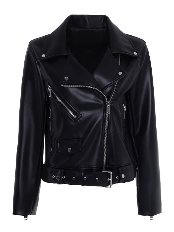 Lylatul Women Zipper Belted Style Black Leather Jacket