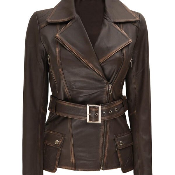women asymmetrical belted distressed brown leather coat