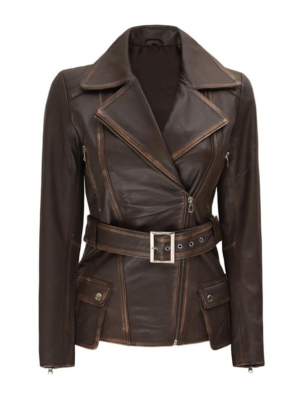 women asymmetrical belted distressed brown leather coat