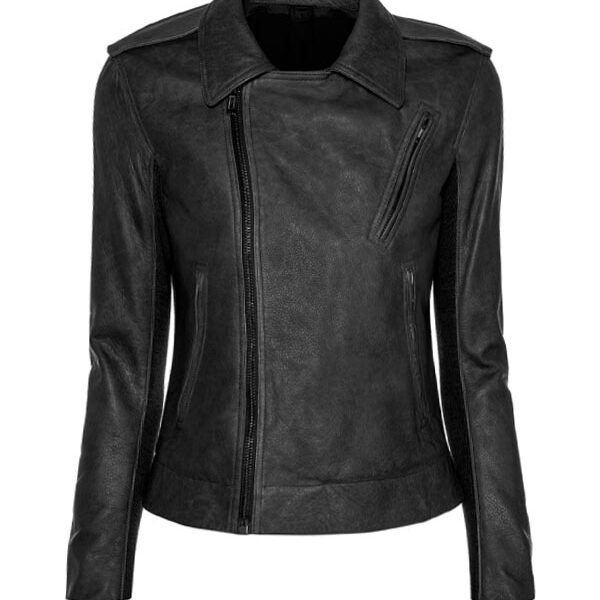 Lylatul Women Asymmetrical Distressed Black Leather Jacket