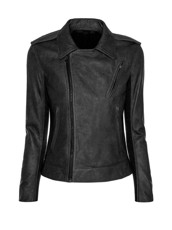 Lylatul Women Asymmetrical Distressed Black Leather Jacket