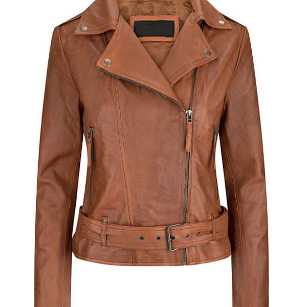 Lylatul Women Asymmetrical Tan Brown Leather Jacket