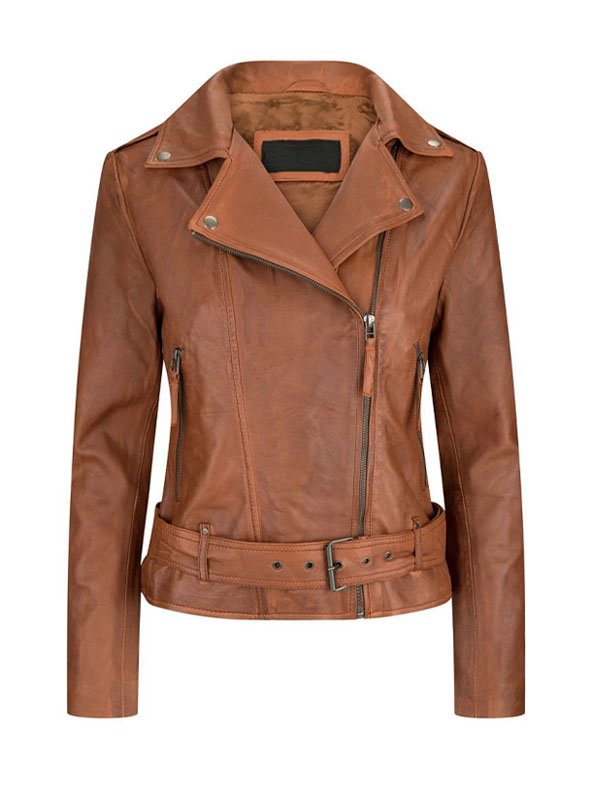 Lylatul Women Asymmetrical Tan Brown Leather Jacket