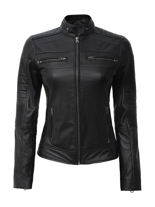 Lylatul Women Black Cafe Racer Leather Biker Jacket