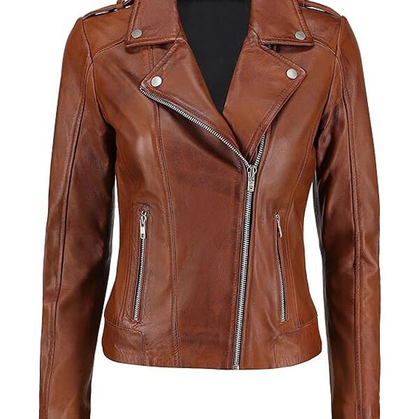 Lylatul Womens Brando Biker Tan Brown Leather Jacket