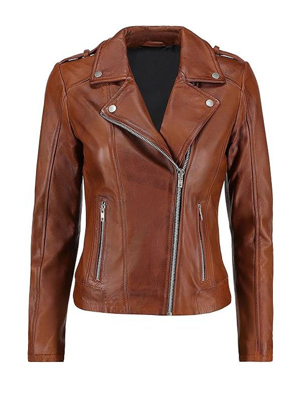 Lylatul Womens Brando Biker Tan Brown Leather Jacket