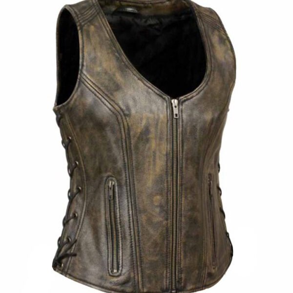 Lylatul Womens Cowgirl Side Lace Distressed Brown Leather Vest
